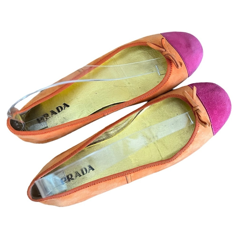 PRADA Suede Ballet Flats Orange Pink Colorblock Shoes Sz 36.5 (6.5 US) Slip-on - Picture 11 of 11